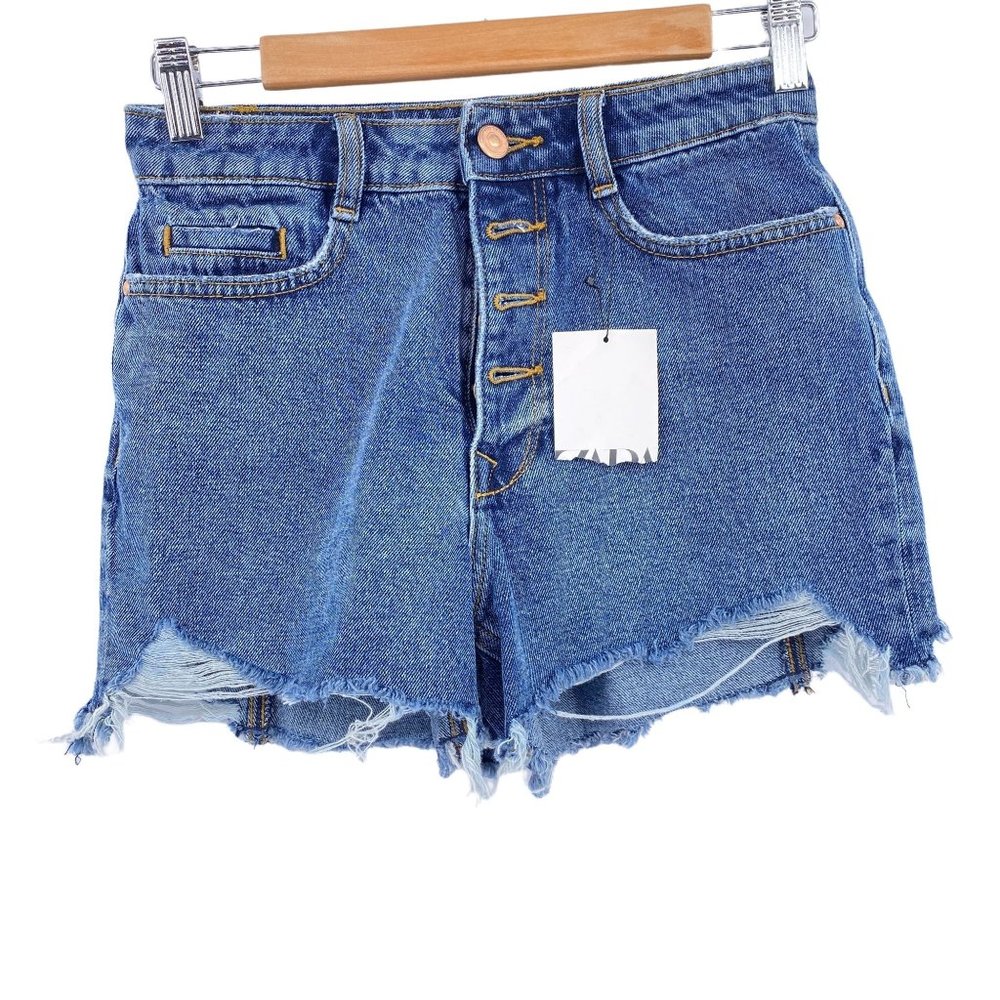 Zara High waist distressed denim shorts size 2 NWT button fly